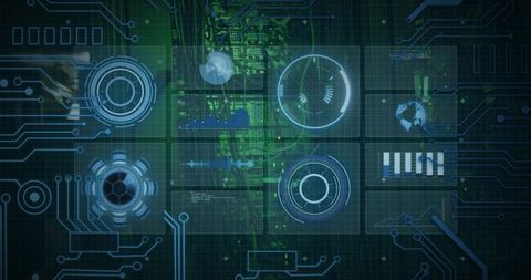 Futuristic HUD Dashboard Visualizing Telemetry, Analytics and Circuitboard Data on Grid