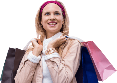 Smiling woman with shopping bags, fashion lover on transparent background