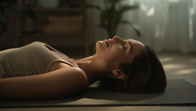 Young woman practicing savasana on yoga mat resting in sunlit home for meditation and relaxation