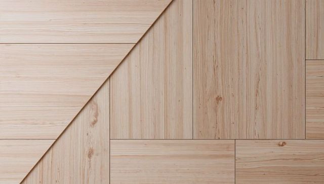 Diagonal light wood planks creating geometric flooring pattern with natural grain knots