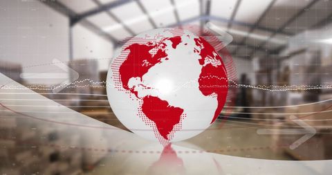 Financial data processing globe in warehouse setting