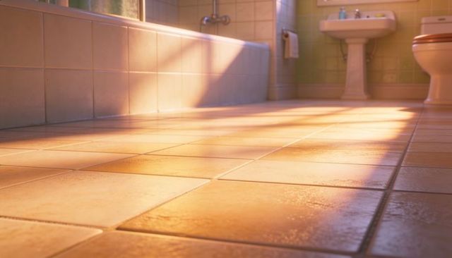 Sunlit ceramic bathroom floor with glossy beige tiles reflecting warm morning light