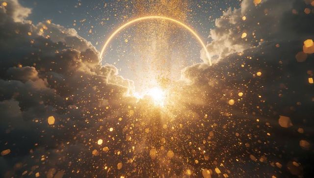 Celestial sunburst bursting through clouds with golden halo, bokeh particles, amber glow