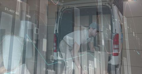 Male courier loading van with stock market data overlay
