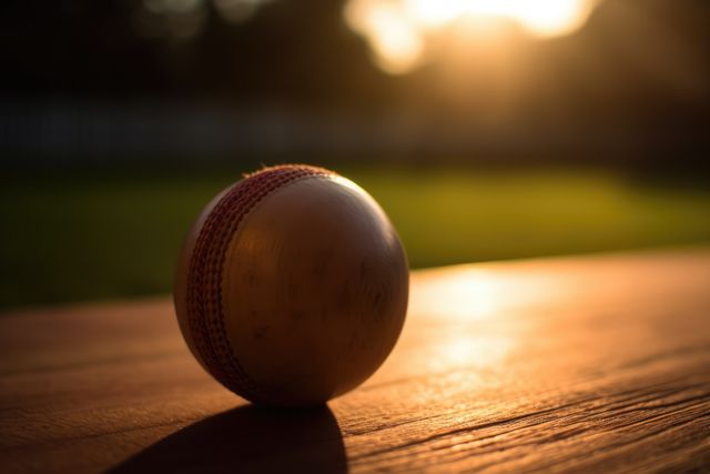 This close-up image of a cricket ball resting on a wooden surface with a sunset background highlights the sport in an outdoor setting. Ideal for use in sports promotions, cricket-related articles, or as a background image for sports gear advertisements.