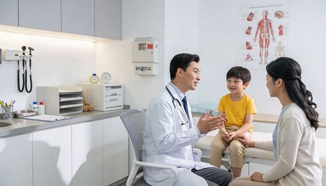 Pediatrician consulting with mother and child on exam table, delivering compassionate care