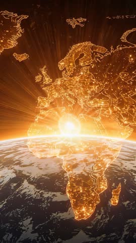 Sun Disc Rising Over Earth Horizon Illuminating Global Network Outlines Vertical Video