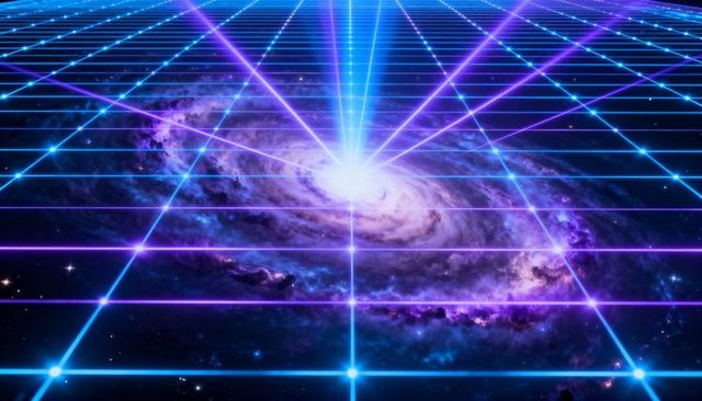 Neon grid over spiral galaxy emitting cyan beam futuristic synthwave vaporwave wireframe