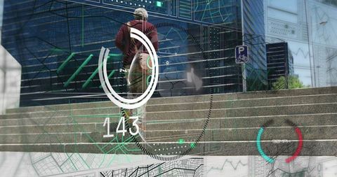 Young Man Moving Through Digital Urban Landscape