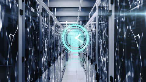 This video illustrates a modern server room featuring an animated clock overlay and interconnected networks, depicting advancements in technology and data management. Ideal for presentations on IT infrastructure, data management, technological advancements, or corporate network security strategies.