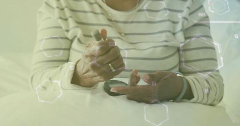 Senior woman using epipen with digital connections overlay