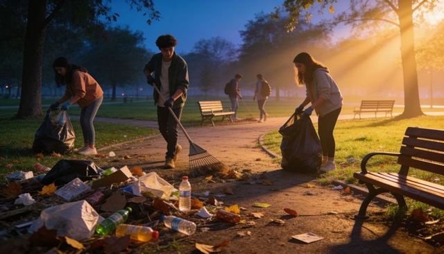 Volunteers cleaning park at sunrise collecting litter, raking leaves, filling garbage bags