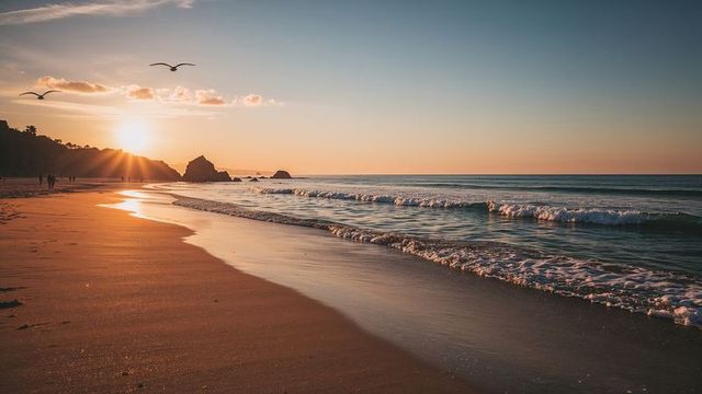 Silhouetted Couple Strolling on Tranquil Beach at Sunset