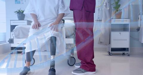 Doctor and Senior Patient with Prosthetic Leg Against DNA Background
