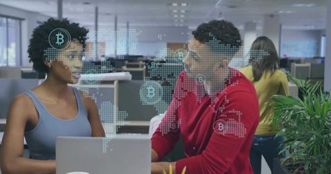 Young professionals discussing cryptocurrency strategy in open office with bitcoin overlay