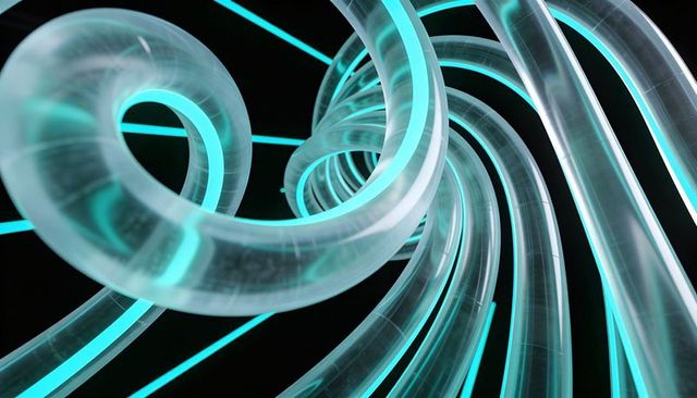 Translucent neon tubes twisting into cyan spiral vortex with glowing light strips