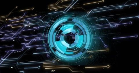 Rotating Cyan Holographic HUD Ring with Neon Circuit Traces and Futuristic Teal Digital Interface