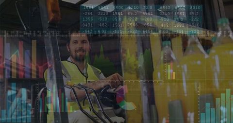 Warehouse Forklift Operator in Action with Data Overlays