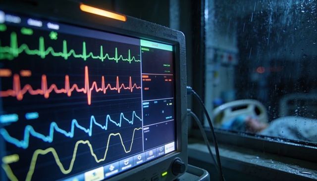 Hospital monitor displaying multicolor ecg waveforms at icu bedside through rainy window