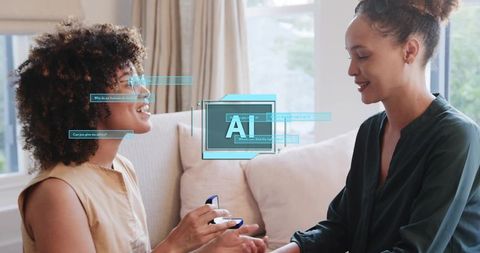 Intimate Ring Exchange between Partners with AI Hologram Overlay in Sunlit Living Room