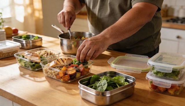 Preparing healthy meal-prep bowls with grilled chicken, roasted veggies and spinach