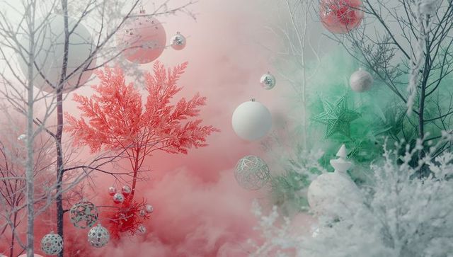 Dreamy Winter Forest with Festive Christmas Ornaments