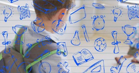 Boy standing wearing backpack facing classroom with blue doodles symbolizing learning