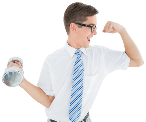 Transparent Businessman with Dumbbell Flexing Strength