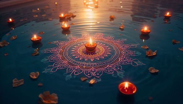 Floating oil lamps illuminating mandala in tranquil water