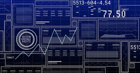 Futuristic Blueprint Dashboard Interface Neon Line Chart Circular Gauge Data Panels