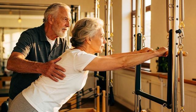 Senior couple practicing pilates cadillac reformer, partner guiding posture and balance