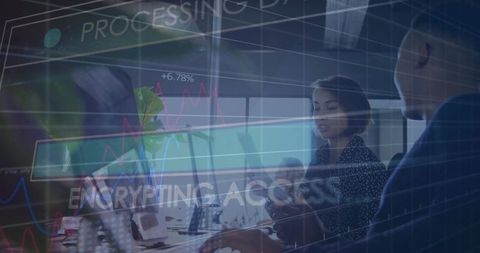 Business team discussing cybersecurity and data analytics with encrypting overlay in conference room
