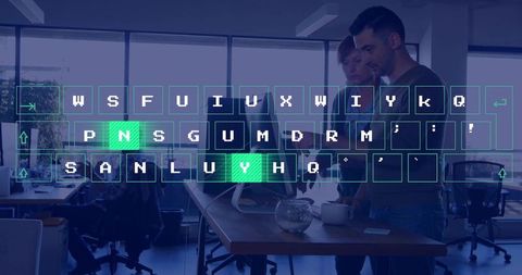 Team Reviewing Data with Augmented Virtual Keyboard Overlay in Modern Open Office