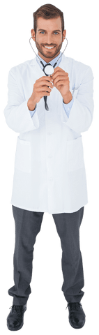 Transparent smiling doctor listening with stethoscope