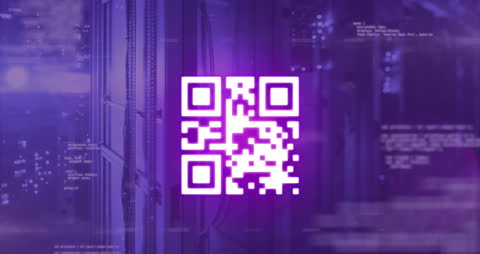 Digital QR Code Overlapping Futuristic Server Background