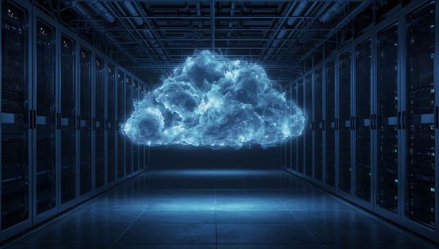 Hovering luminous cloud hologram in data center aisle with rack servers and digital particles