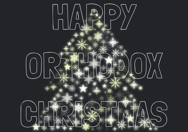 Vector image of happy orthodox christmas text and decoration against black background. orthodox christmas, greeting, tradition and holiday.
