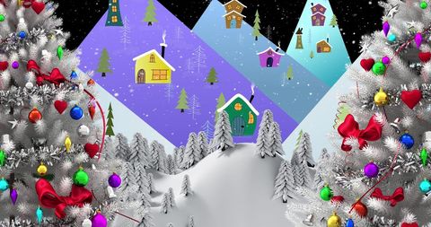 Festive Winter Wonderland with Christmas Trees and Village
