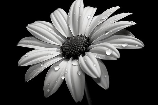 Monochrome macro shot of a gerbera daisy with dew drops on its petals. Ideal for nature photography collections, botanical studies, floral art projects or print decor. Captures detail and freshness of flower.