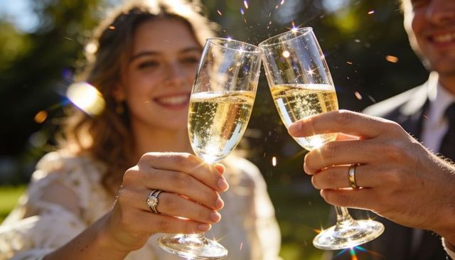 Couple toasting champagne flutes highlighting diamond engagement ring during golden hour