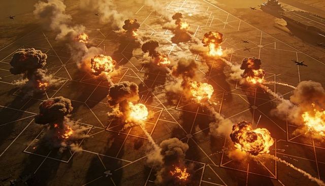 Exploding fireball grid on aircraft carrier deck with jets overhead cinematic chaos