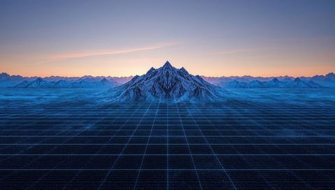 Rising snowy mountain glowing over neon-blue grid plane at sunrise, futuristic horizon