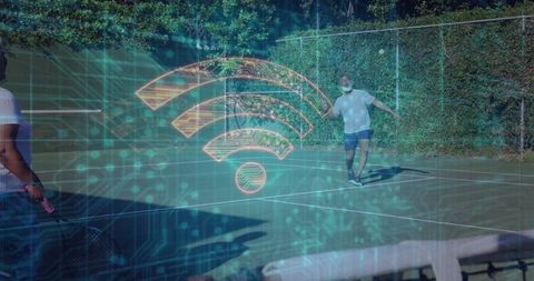 Tennis players competing on court with digital wi-fi graphics overlay