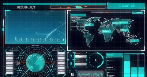 Futuristic digital interface with spinning globe and world map