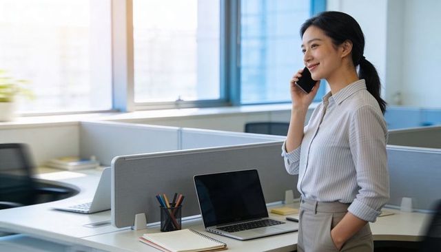 Asian businesswoman talking on smartphone at modern office workstation with laptop