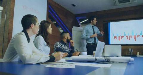 Business presentation meeting team reviewing bar chart data