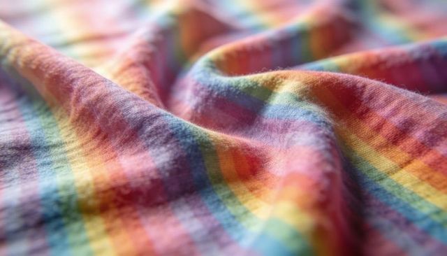 Soft rainbow-striped cotton fabric close-up showing woven texture, folds, gentle light