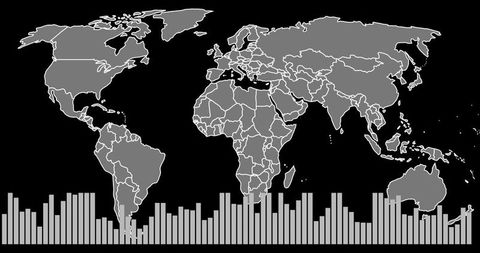 Displaying monochrome world map with bar histogram for global data visualization infographic