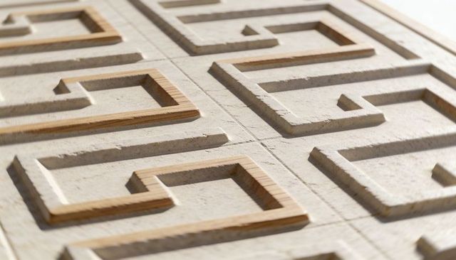 Geometric recessed square-spiral wall panel with wood inlay and textured plaster