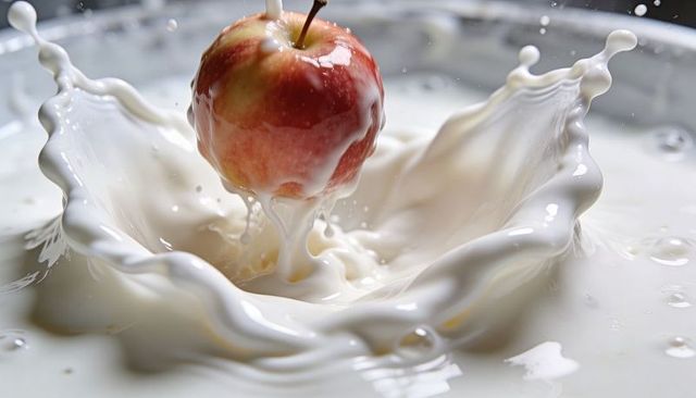 Red apple dropping into milk splash creating crown of creamy droplets and reflections